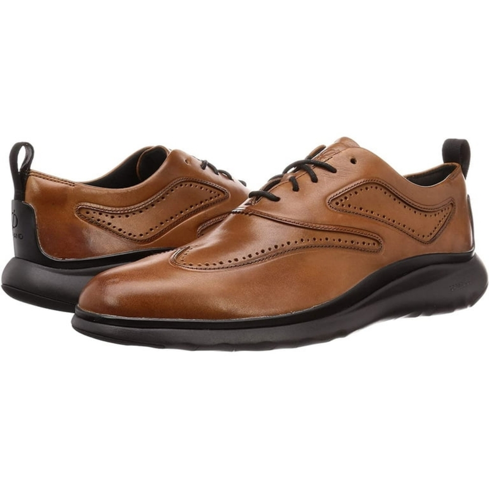 Brown Leather Oxfords with Wingtip Design and Textured Finish